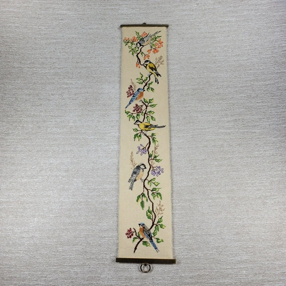 Vintage Crewel Needlework Birds Vines Wall Hanging Pantry Butler Pull